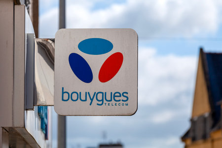 Carhaix, France - May 01 2023: Sign of Bouygues Telecom, a French mobile phone, Internet service provider and IPTV company, part of the Bouygues group.のeditorial素材