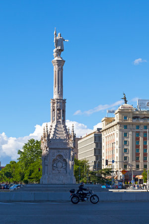 Madrid, Spain - June 06 2018: The Monument to Christopher Columbus (Spanish: Monumento a CristÃ³bal ColÃ³n) is located on the square of the same name. It was erected between 1881 and 1885.のeditorial素材