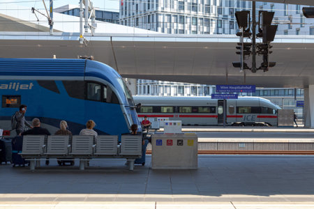 Vienna, Austria - June 17 2018: Czech Railway train of the Railjet and Deutch Bahn train of the ICE...