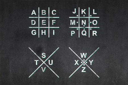 Blackboard with a the Pigpen cipher keys drawn in the middle. The pigpen cipher (alternately referred to as the masonic cipher, Freemason's cipher, Napoleon cipher, and tic-tac-toe cipher) is a geometric simple substitution cipher, which exchanges letters for symbols which are fragments of a grid.の写真素材