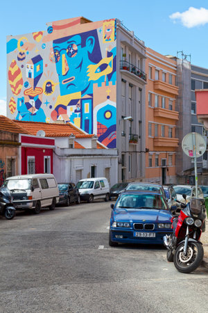 Lisbon, Portugal - June 01 2018: Mural from Portuguese artist "AkaCorlone" in the GraÃ§a area, in Rua Damasceno Monteiro, close to the Senhora do Monte viewpoint.のeditorial素材