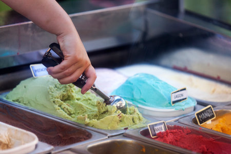 close up of scooping ice cream in gelato cafeの写真素材