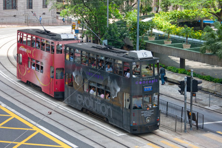 Hong Kong, China - August 17 2007: Hong Kong Tramways (HKT) is a narrow-gauge heritage tram system in Hong Kong.のeditorial素材