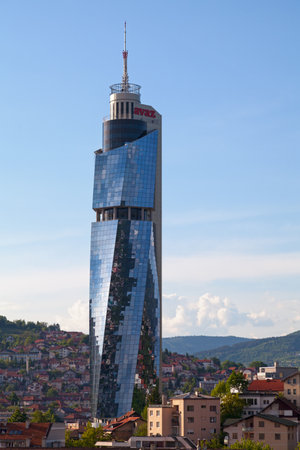 Sarajevo, Bosnia and Herzegovina - May 25 2019: The Avaz Twist Tower is a 176 m tall skyscraper located in the capital of Bosnia and Herzegovina. It is the headquarters for Dnevni avaz, a Bosnian newspaper company.のeditorial素材