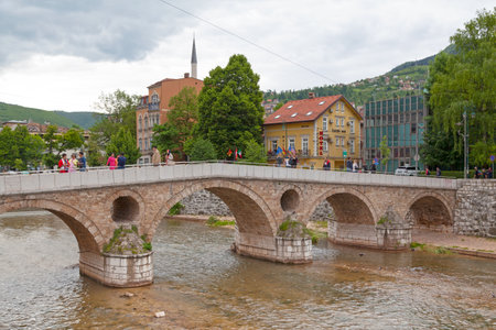 Sarajevo, Bosnia and Herzegovina - May 26 2019: The Latin Bridge is an Ottoman bridge over the river Miljacka.のeditorial素材