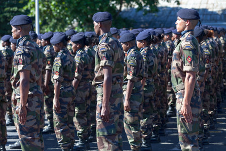 Saint-Paul, La RÃ©union - June 28 2017: Battalion of French soldiers of the RSMA standing at attention during a monthly ceremony rewarding the young soldiers.のeditorial素材