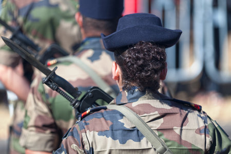 Saint Denis, Reunion - July 14 2016: Female master corporal of the French Army parading during Bastille Day.のeditorial素材