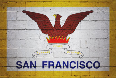 Flag of San Francisco painted on a cinder block wall.の写真素材