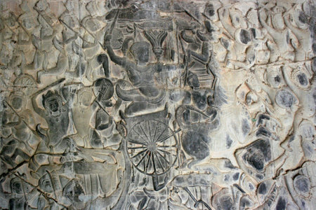 War scene depicted on a wall in Angkor Wat in Siem Reap, Cambodia.の写真素材