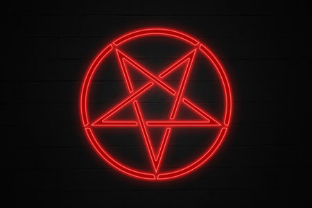 Neon light shaped into an reversed pentagram.の写真素材