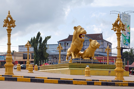 Sihanoukville, Cambodia - August 30 2018: The Golden Lions Roundabout in the city center.のeditorial素材