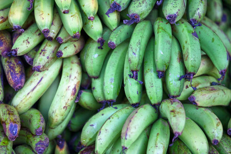 Close-up on a stack of green bananas on a market stall.の写真素材