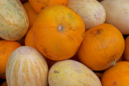 Stack of yellow (Uzbek-Russian Melon) and orange (Kolkhoznitsa Melon) melons on a market stall on...