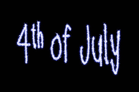 Close-up on a the short phrase "4th of July" made of blue sparks on a black background.の写真素材