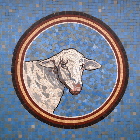 Mosaic from an old 19th century butcher in Paris closed decades ago representing lamb.の写真素材
