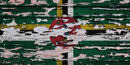 Flag of Dominica painted on a grunge wooden board.の写真素材