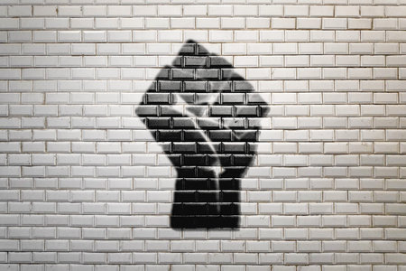Close-up on a black Revolution raised fist symbol painted on a white faience wall of the Paris Metro.の写真素材