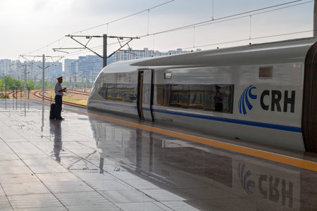 Hangzhou, China - August 12 2018: A Zefiro 380 high-speed train ready to depart from the Hangzhou...