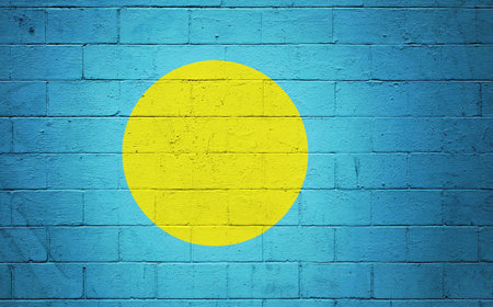Flag of Palau painted on a cinder block wall.の写真素材