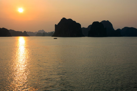 Sunset on Halong Bay in Vietnam.の写真素材
