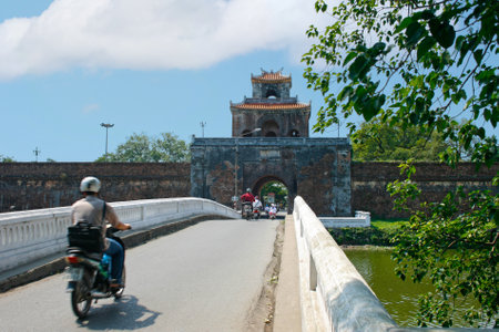Hue City, Vietnam - April 17 2009: Bridge heating to one of the entrance of the Imperial City (Vietnamese: HoÃ ng thÃ nh).のeditorial素材