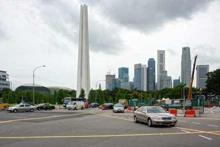 Singapore, Singapore - August 22 2007: The obelisk named Civilian War Memorial was shaped like a huge chopsticks. It is located at War Memorial Park, in memories of the victims of Japanese invasion in World War II.のeditorial素材