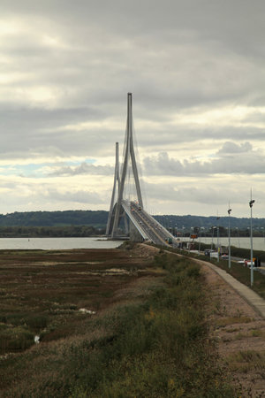 Honfleur, France - October 15 2012: The "Pont de Normandie" is a 7,032 ft length cable-stayed road bridge that spans the river Seine linking Le Havre to Honfleur in Normandy.のeditorial素材