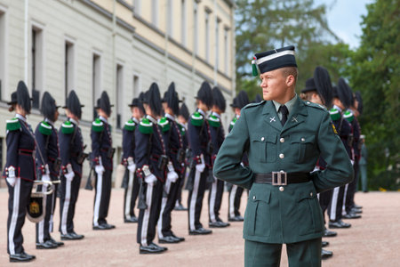 Oslo, Norway - June 26 2019: Hans Majestet Kongens Garde (HMKG) is a battalion of the Norwegian Army serving as the Royal Guards.のeditorial素材