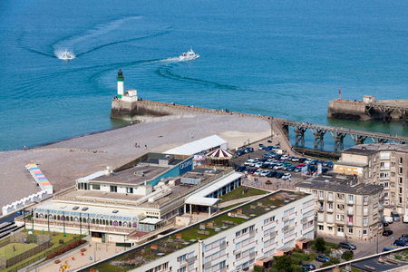 Le TrÃ©port, France - September 11 2020: Aerial view of the Casino Joa du TrÃ©port near the lighthouse on the jetty.のeditorial素材