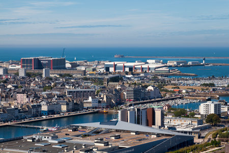 Cherbourg-en-Cotentin, France - August 06 2020: Aerial view of the city center including the shopping mall Les ElÃ©is, the Basilica Sainte-TrinitÃ© and the West Fort.のeditorial素材