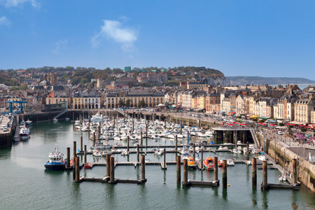 Dieppe, France - September 11 2020: Aerial view of the city with the port, Saint-RÃ©my Church, Saint-Jacques Church, Saint RÃ©mi Tower and Dieppe on the hillside.のeditorial素材