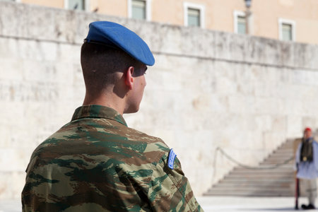 Athens, Greece - April 29 2019: Soldier of the Greek Presidential Guard in service dress, with the light blue beret outside of the Hellenic Parliament.のeditorial素材