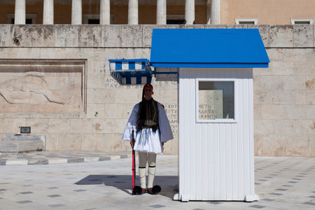 Athens, Greece - April 29 2019: Evzone guarding the Tomb of the Unknown Soldier in Athens (outside of the Hellenic Parliament).のeditorial素材