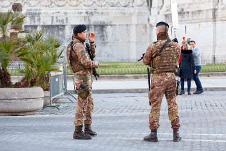 Rome, Italy - March 17 2018: Two soldiers from the 1st Granatieri di Sardegna Regiment. It is a...