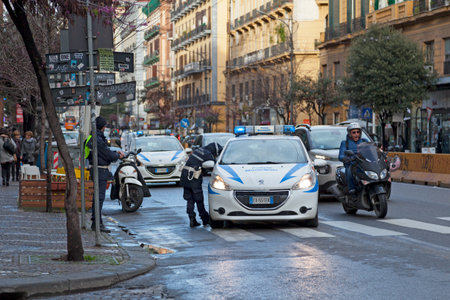 Naples, Italy - March 19 2018: Police officers from the local police near the University of Naples Federico II.のeditorial素材