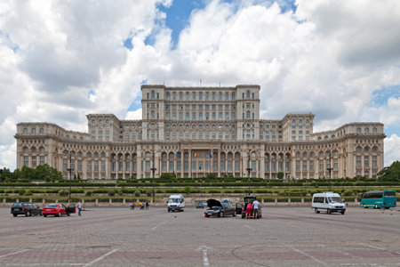 Bucharest, Romania - June 24 2018: The Palace of the Parliament (Romanian: Palatul Parlamentului) is the seat of the Parliament of Romania. Located on Dealul Arsenalului in central Bucharest (Sector 5), it is the second largest administrative building in のeditorial素材