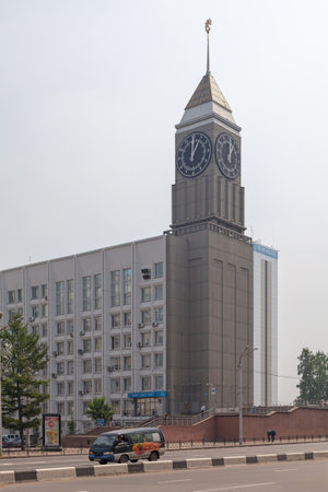 Krasnoyarsk, Russia - July 23 2018: The Krasnoyarsk Big Ben on the edge of the City Hall.のeditorial素材