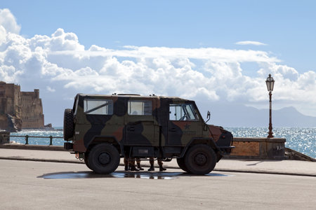 Naples, Italy - March 19 2018: 4x4 of the Esercito Italiano parked on Via Partenope next to Piazza Vittoria.のeditorial素材