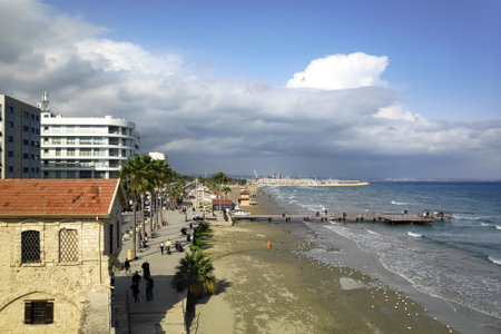 Larnaca, Cyprus - February 14 2024: Aerial view of Finikoudes beach seen from Larnaka Medieval Fort.のeditorial素材