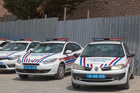 Istanbul, Turkey - May 09 2019: Row of cars from the Trafik jandarma (Traffic Gendarmerie) parked in a street.のeditorial素材
