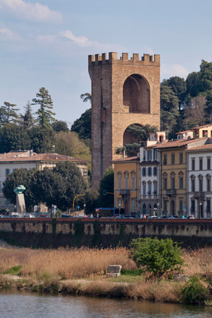 Florence, Italy - April 01 2019: The Tower of San NiccolÃ², once part of a gate or porta in the former defensive walls of Florence, is now located on piazza Giuseppe Poggi, in the district of Oltrarno. The portal was first erected in 1324.のeditorial素材