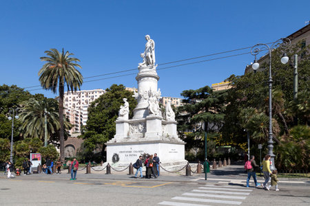 Genoa, Italy - March 30 2019: The Columbus Monument on Piazza Acquaverde created by Lorenzo Bartolini in 1846 opposite of the Genova Piazza Principe railway station.のeditorial素材