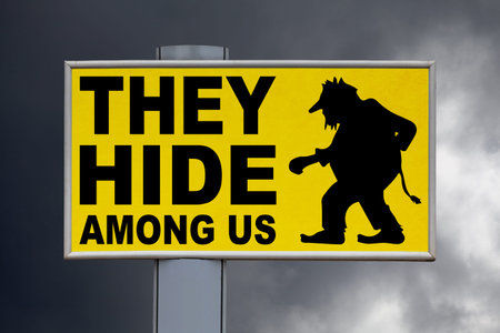 Close-up on a yellow billboard against a cloudy sky with the message They hide among us written in...