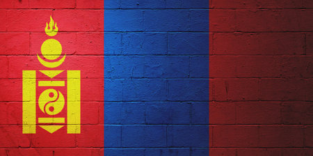 Flag of the Mongolia painted on a cinder block wall.