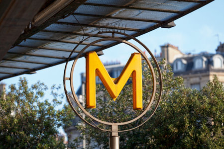 Traditionnal Metro sign outside of the Gare de Lyon in Paris.の写真素材