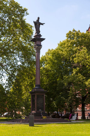 Wroclaw, Poland - June 05 2019: The Column of Christ the King of the Universe (Polish: Kolumna Chrystusa KrÃ³la WszechÅwiata) located at the Cathedral Square in Wroclaw, Poland.のeditorial素材