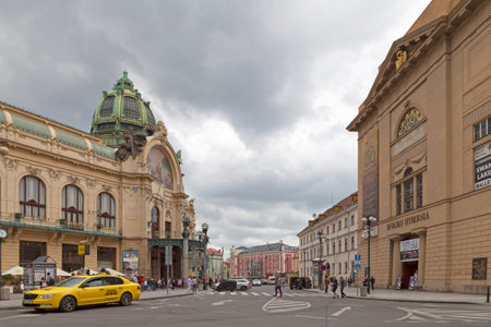Prague, Czech Republic - June 14 2018: The Municipal House opposite the Hybernia Theatre.のeditorial素材
