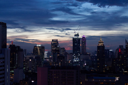 Bangkok, Thailand - September 17 2018: Aerial view at dusk of the Centara Grand at CentralWorld, the Offices at CentralWorld, and other skyscrapers in Pathum Wan.のeditorial素材