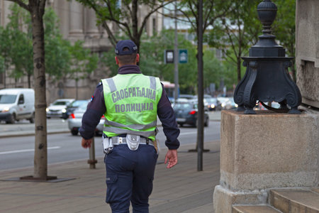 Belgrade, Serbia - May 24 2019: Officer of the Traffic police in the street.のeditorial素材
