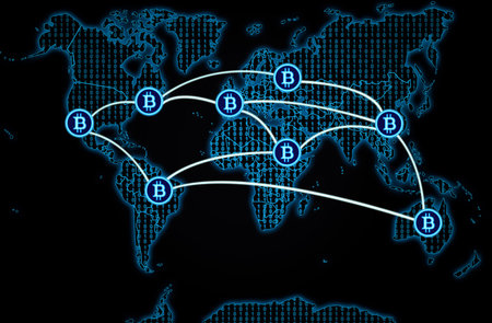 International bitcoin transactions on a dark world map background.の写真素材